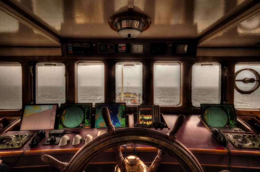 Wheelhouse interior with navigation controls